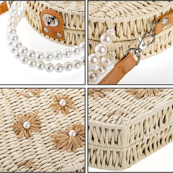 Handwoven Rattan Bag Straw Crossbody 8 Inch Wicker Tote for Summer Beach - Picture 9 of 9